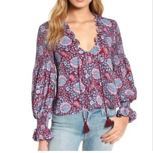 Rebecca Minkoff Boho Floral Ruffle Tassel Peasant Top Red Blue XXS Cottagecore